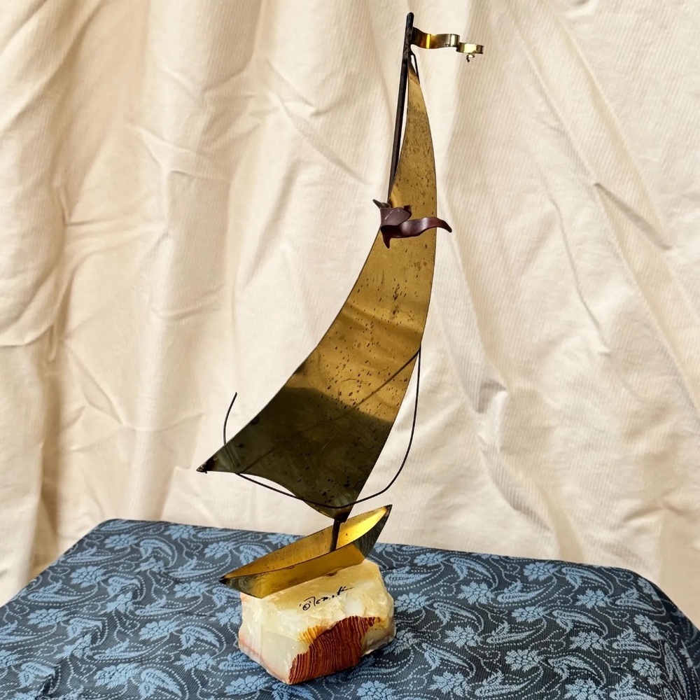 John‎ DeMott Brass Sailboat Sculpture — Signed — Mid Century Modern — Onyx Base